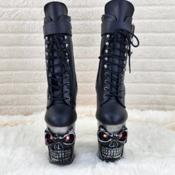 Skull & Bones 8" Heel 4" Platform Ankle Boots W Vortex Static Lighted Eyes - Picture 9 of 11